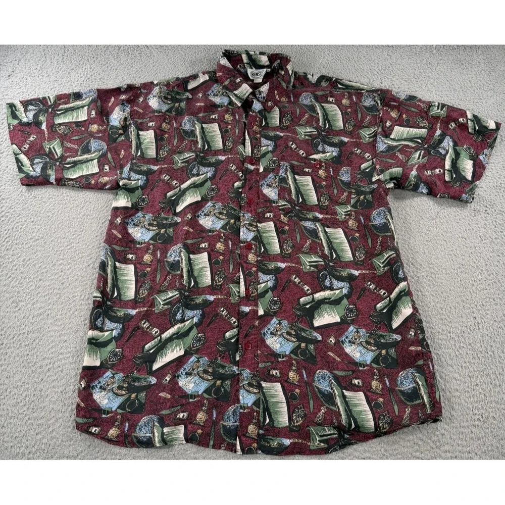 Vintage Bensi Hawaiian Shirt Mens XL Red Silk Button Up Camp Short Sleeve AOP - Picture 1 of 9